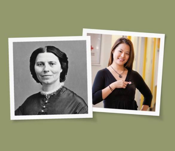Two photos appear framed in white against a green background: one is of Clara Barton, and the other is of a smiling donor pointing to a pin on her shirt.