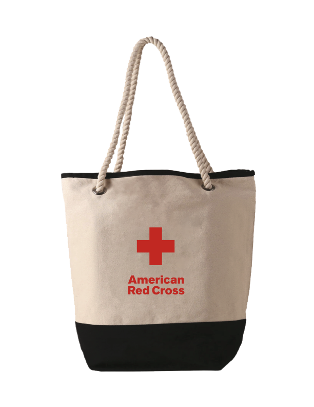 Nautical-designed tan tote bag with rope handle